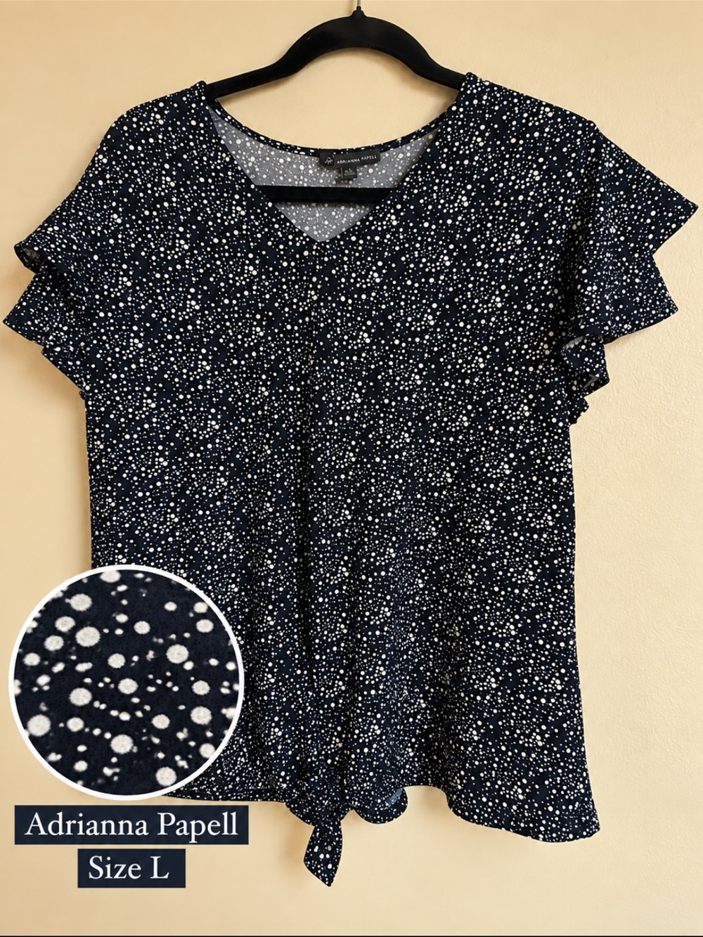 Adrianna Papell Dark Navy & White Flutter Sleeve Tie-Front Top – L